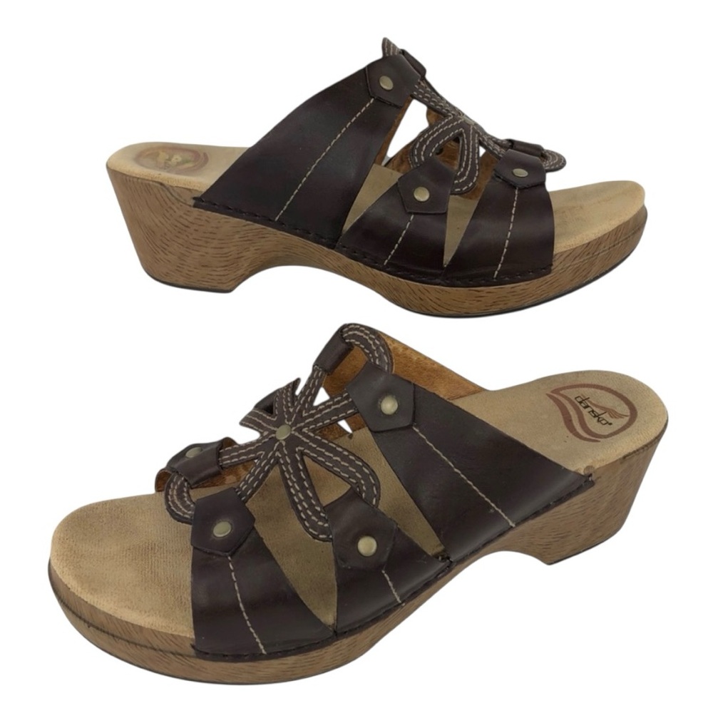 Dansko Serena Leather Flower Slip-On Wedge Sandals